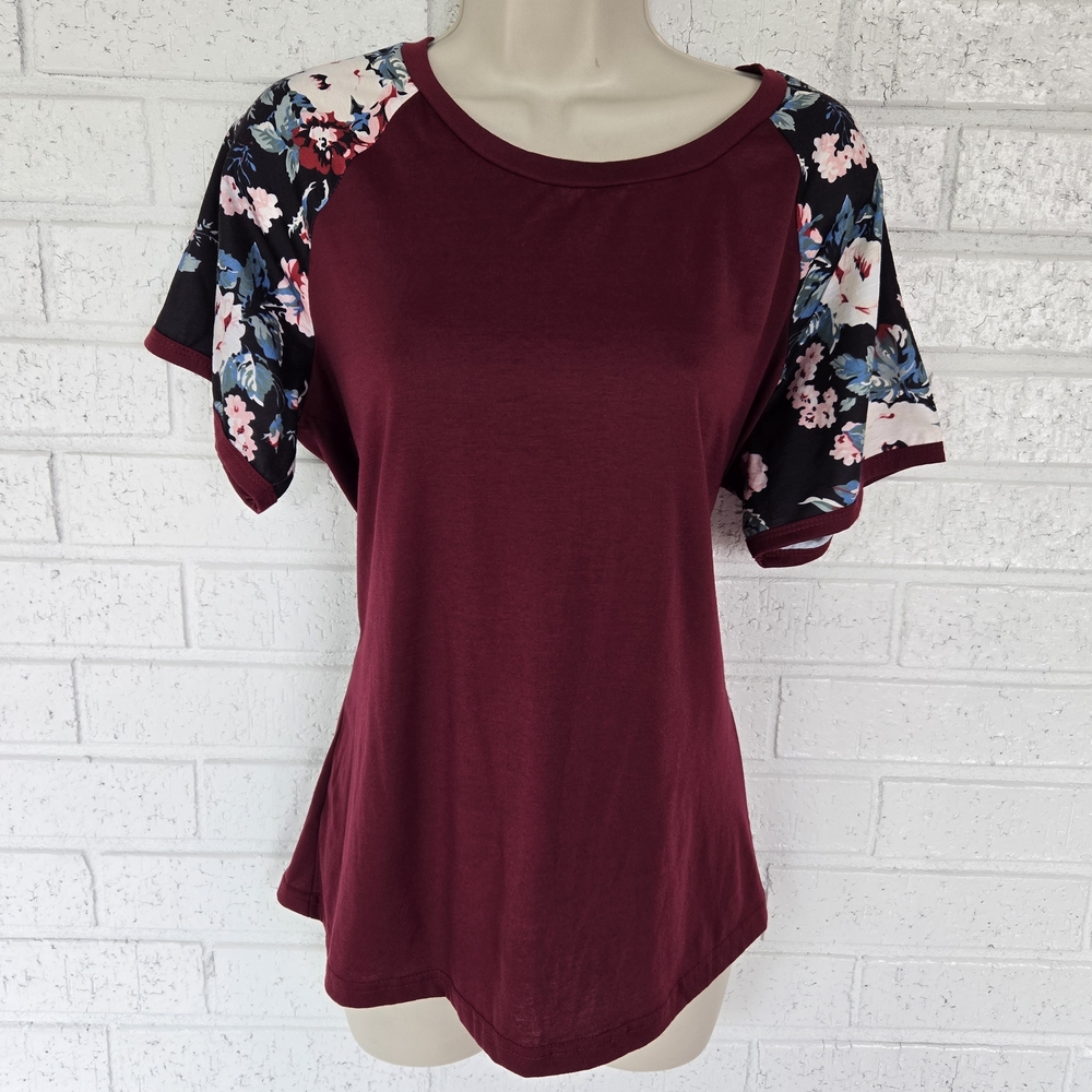 1186 Shein brand blouse.  SHEIN Burgundy Top with Floral Sleeves